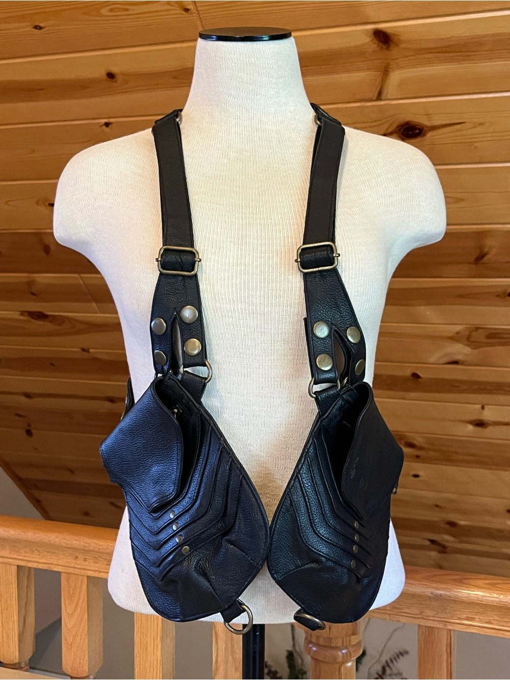 Women's Double Utility Pocket Festival Black Leather Holster Labradorite Inlay